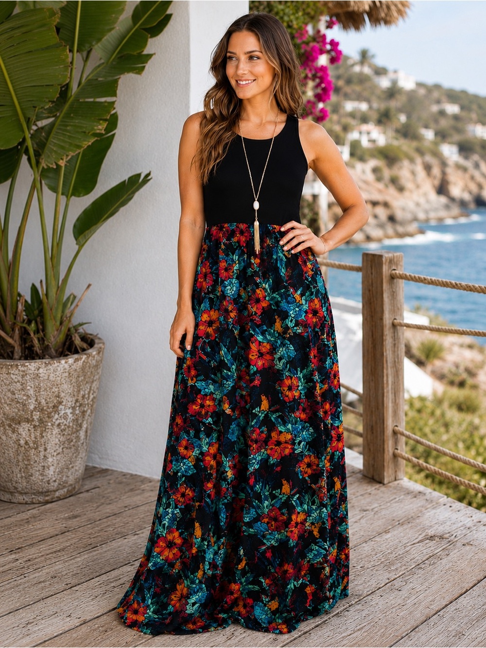 EUC Mudd Women's Sleeveless Black Floral Maxi Dress Crisscross Back XL